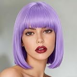 Svolna Purple Short Bob Wig with Bangs, Synthetic Straight Hair Wigs for Women, 14 Inch Cosplay Costume Bob Wig (Light Purple)