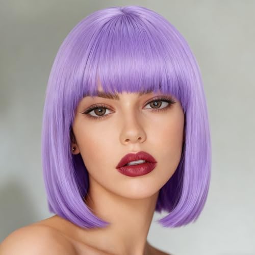 Svolna Purple Short Bob Wig with Bangs Synthetic Straight Hair Wigs for Women 14 Inch Cosplay Costume Bob Wig (Light Purple)