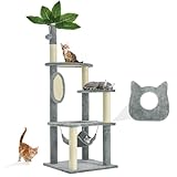 Picture of TSCOMON 61" Cat Tree for with Green Leaves, Multi-Level Large Cat Tower with Hammock, Plush Cat House with Hang Ball Toy and Sisal Scratching Posts Furniture, Grey