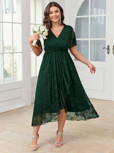 Image of SCOMCHIC Womens Plus Size Wedding Guest Dress Formal Lace Wrap V Neck High Low Short Sleeve Cocktail Maxi Dresses XL-4XL