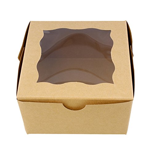 Spec101 Brown Bakery Boxes with Window, 25pk - 4in x 4in Cake Boxes, Party Favor Boxes, Candy Boxes, Dessert Boxes