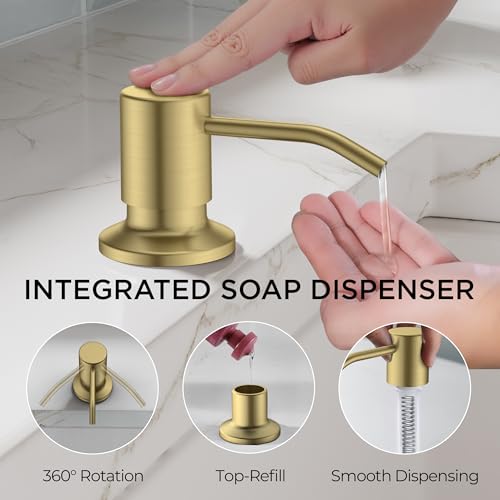 Image of FORIOUS Gold Kitchen Faucet with Pull Down Sprayer, Modern Single Hole Kitchen Sink Faucet with Soap Dispenser, Deck Plate, Single Handle, High Arc Stainless Steel for RV Bar Farmhouse Laundry