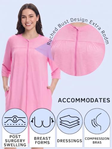 Image of Women's Post Surgery Robe with Drain Pockets Mastectomy Recovery Robe Front Zipper Hospital Gown Pajamas Gift