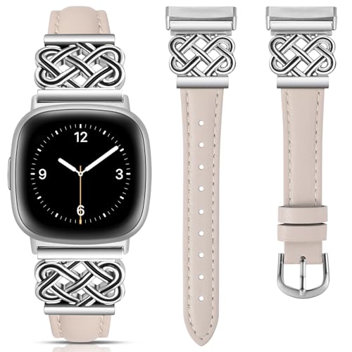 Celtic Knot Leather Band Compatible with Fitbit Versa 4 3/Fitbit Sense 2 1 Band Women, TOYOUTHS Slim Dressy Thin Fashion Designer Top Grain Genuine Premium Leather Strap for Versa 3 4 Sense Smartwatch