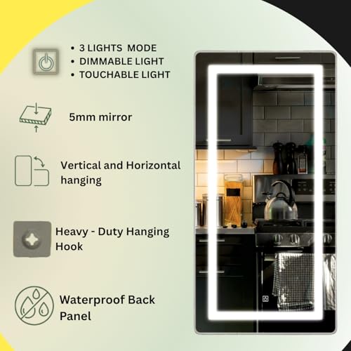 Image of Creative Arts n Frames LED Wall Mount HD Mirror with 3 Color Light Tone for Home Wall Living Room Bedroom Bathroom Hotel Decor Items (18x36 Full Length Rectangle)