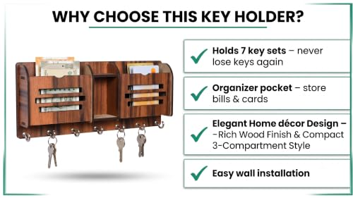 Image of Wall Mount Key Holder & Mail Organizer | Laser-Cut Key Hanger with 7 Metal Hooks, Letter Rack & Pen Stand | Wooden Wall Decor for Entryway, Living Room, Home & Office (Minimalist)