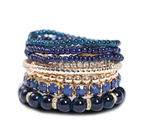 Pingyongchang Stackable MultiLayer Bohemian Crystal Bead Bracelets Set for Women Handmade Colorful Gold Beads Natural Stone String Stretch Bangles Friendship Holiday Beach Anklets Jewelry 8 pieces