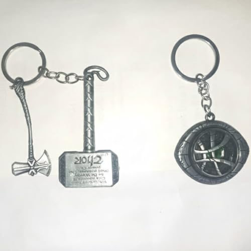 Image of MARVEL THOR Metallic SILVER Hammer,Stormbreaker /Axe & DR STRANGE,CAPTAIN AMERICA SHIELD Spinning KEYCHAIN,Heavy Quality Metal,Combo Pack for Kids Men Women Car Bike Home