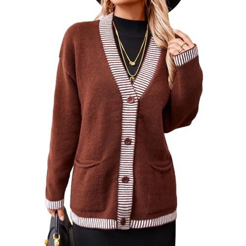 Image of Women Knitted Cardigan V Neck Button Long Sleeve Cardigan Fashion Coat with Pockets