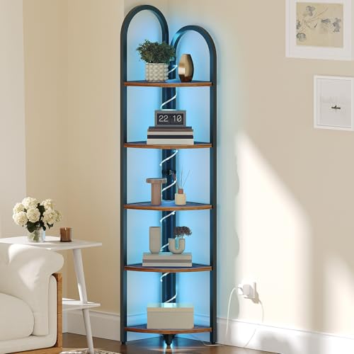 MAHANCRIS 5-Tier Corner Shelf with LED Light 64.6 Arched Corner Bookshelf Narrow Storage Shelf with Metal Frame for Living Room Bedroom Small Spaces Rustic Brown and Black CSHR55101