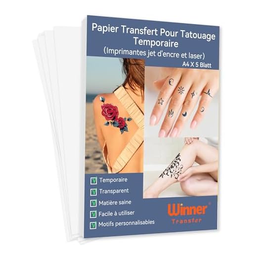 WinnerTransfer A4 x 5 feuilles Papier Transfert pour Tatouage Temporaire Transparent, impression jet d'encre&laser, tatouage personnalisé lavable et imprimable, DIY décalcomie, FR-WT-11-1.0-5