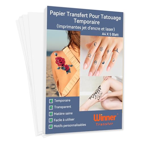 WinnerTransfer A4 x 5 feuilles Papier Transfert pour Tatouage Temporaire Transparent, impression jet d'encre&laser, tatouage personnalisé lavable et...