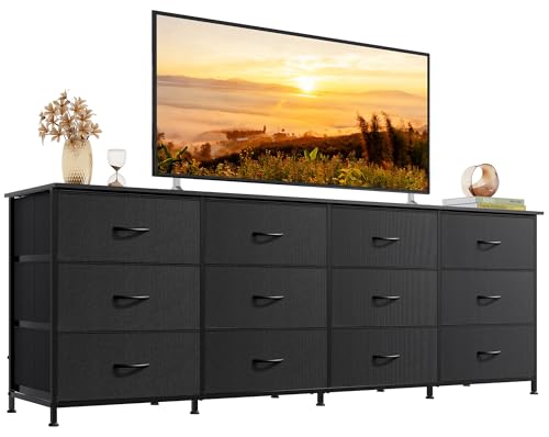 WLIVE 75.5'' Black Dresser for Bedroom, TV Stand for 65, 75, 80, 85 Inch TV, 12 Drawer Long Fabric Dresser with Wood Top, Wide Entertainment Center Storage Chest for Living Room, Closet