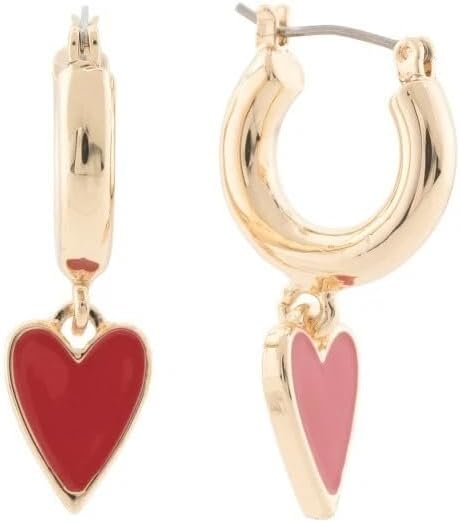 Betsey Johnson Gold Tone Hoop Earrings with Dangling Red Heart, Polished Metal, 1.5 Inch Length, Lightweight Fashion Jewelry for Women