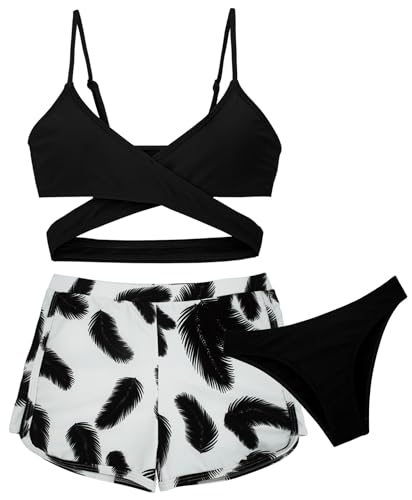 Maillot de bain bikini 3 pièces fille 8-14 ans avec short imprimé tropical