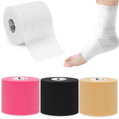 Image of OK TAPE Pre Wrap Tape (4-Rolls) - Athletic Foam Underwrap for Sports, Protect for Ankles Wrists Hands and Knees, 2.75 Inches x 30 Yards - Black /Pink /Beige /White