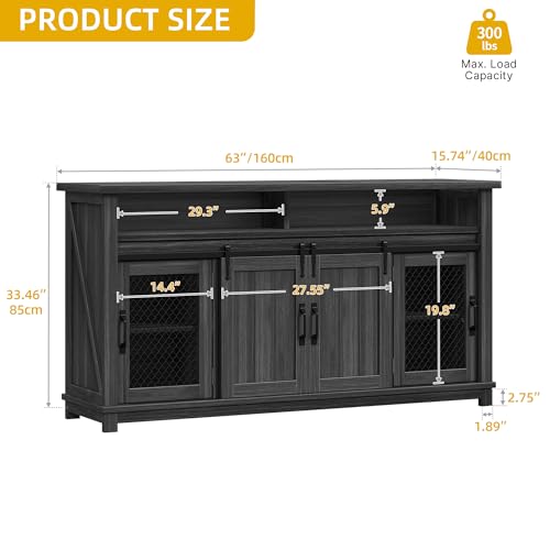 DWVO Farmhouse Sideboard Buffet Cabinet, 63'' Coffee Bar Cabinet with 2 Sliding Barn Doors & 2 Visual Grid Doors, Rustic Storage Cabinets for Kitchen & Living Room, Dark Grey
