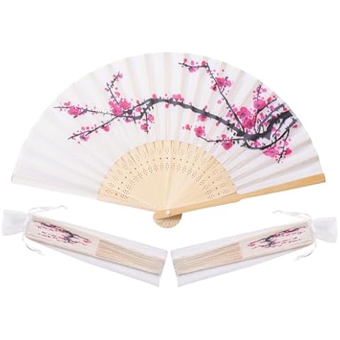 Sepwedd 50pcs Delicate Plum blossom Blossom Design Imitated Silk Fabric Bamboo Folded Hand Fan Bridal Dancing Props Church Wedding party favors with Organza Bags Cover