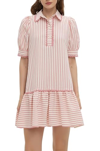 Image of EZAPINE Women Striped Shirt Dress Summer Button Down Collared Short Puff Sleeve Ruffle Hem Casual Flowy Mini Dress
