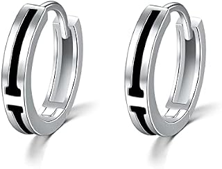 Immobird Silver Hoop Earrings Men Hypoallergenic 925 Sterling Silver Hoop Earrings for Boys with Black T-shaped Design Simple Commute