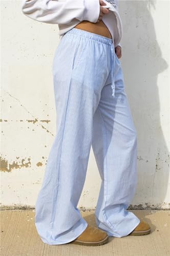 Miqil Women Y2K Striped Pants Loose Wide Leg Pinstripe Print Pants Casual High Waist Drawstring Lounge Pants Streetwear3
