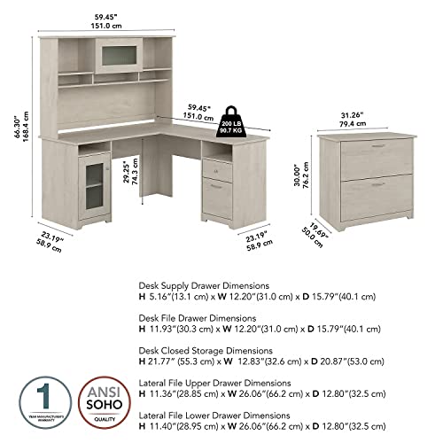 Bush Furniture Cabot 60W L Shaped Computer Desk with Hutch and Lateral File Cabinet in Linen White Oak