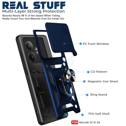 Image of AESTMO Polycarbonate Tough Armor Realme Gt 6T 5G Bumper Back Case Cover|Ring Holder & Sliding Camera Shield Cover|360 Degree Protection Back Case Cover for Realme Gt 6T 5G (Blue)
