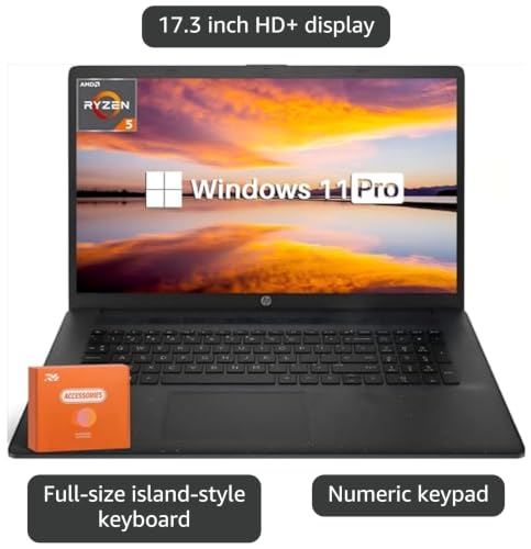 Image of HP 17 inch Laptop for Business & Students, 17.3 inch HD+ Display, 16 GB RAM, 1 TB SSD, AMD Ryzen 5 7530U(6-Core), Wi-Fi 6, Webcam, Win 11 Pro, with Lifetime Microsoft Office+Designed Accessories, Black
