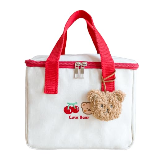 SUGMAILEY Cute Lunch Bag for Women, Small Insulated Lunch Tote with Embroidery, Reusable Portable Cooler Bag for Work, Office, Picnic(Red-Cherry)