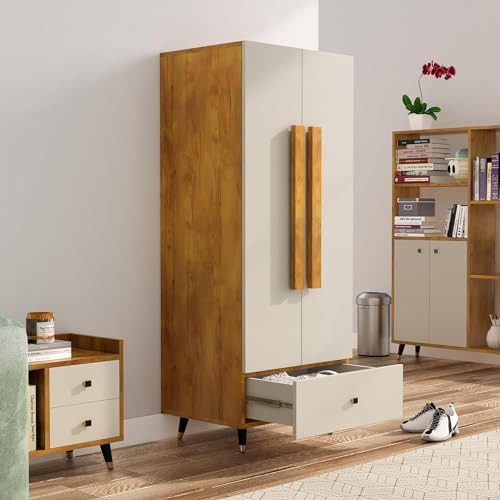 Image of Bniture Wooden Almirah for Clothes, Door for Bedroom, 2 Door Wardrobe with Drawer & Hanging Space (45D x 60W x 150H CM) | 3 Year Warranty (Giant Wood & Frosty White)