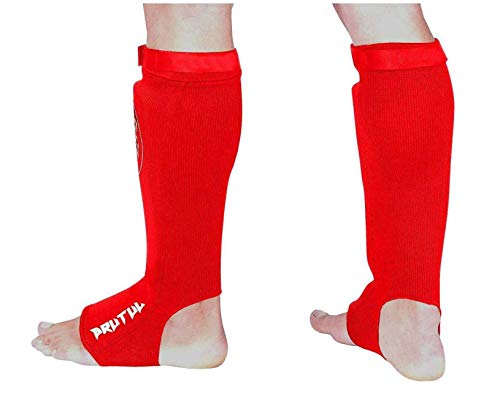 Brutul Protective Shin Instep Kickboxing Boxing MMA Muay Thai Karate Taekwondo Cloth Shin & Instep Padded Guards Training Sparring Shin Guards Leg Pad Training Protective Gear Washable (RED, S/M)