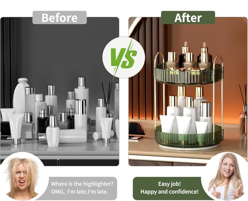 Image of INOVERA (LABEL) 360 Rotation Makeup Organizer for Women, Girls & Bride - Dressing Table Cosmetic Storage Case - Bathroom Vanity Skincare Holder Organiser (2 Tier, Green)