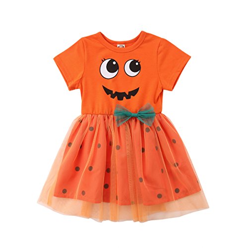 Loalirando Toddler Baby Girls Halloween Costume Short Sleeve Pumpkin Princess Dress Lace Polka Dot Tutu Skirt (2-3 Year Orange)