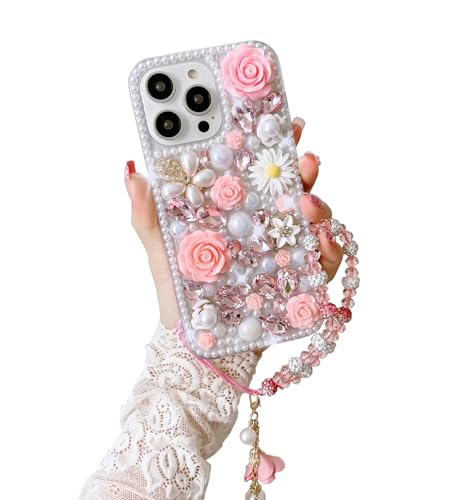 SupShop for Samsung Galaxy Note 10 Plus Note10+ Diamond Case Luxury Cute Bling Glitter Crystal Rhinestone 3D Rose Flowers Pearl Handmade Phone Cover for Women Girls with Bracelet Lanyard,Pink