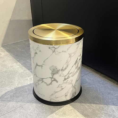 Image of 4 Gallon Bathroom Trash Can with Swing Lid, White Gold Garbage Can, White Marble Leather Waste Basket, for Bedroom Kitchen Powder Room (Marble)
