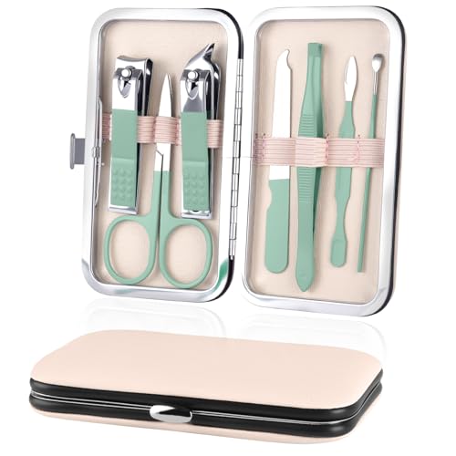 URAQT Manicura Pedicura Set, 7 Piezas Cortaúñas, Tijeras de Uñas con Herramientas Remover Cutícula, Acero Inoxidable, Profesional Cortaúñas para Viajes y hogar, con Caja de Cuero, Verde