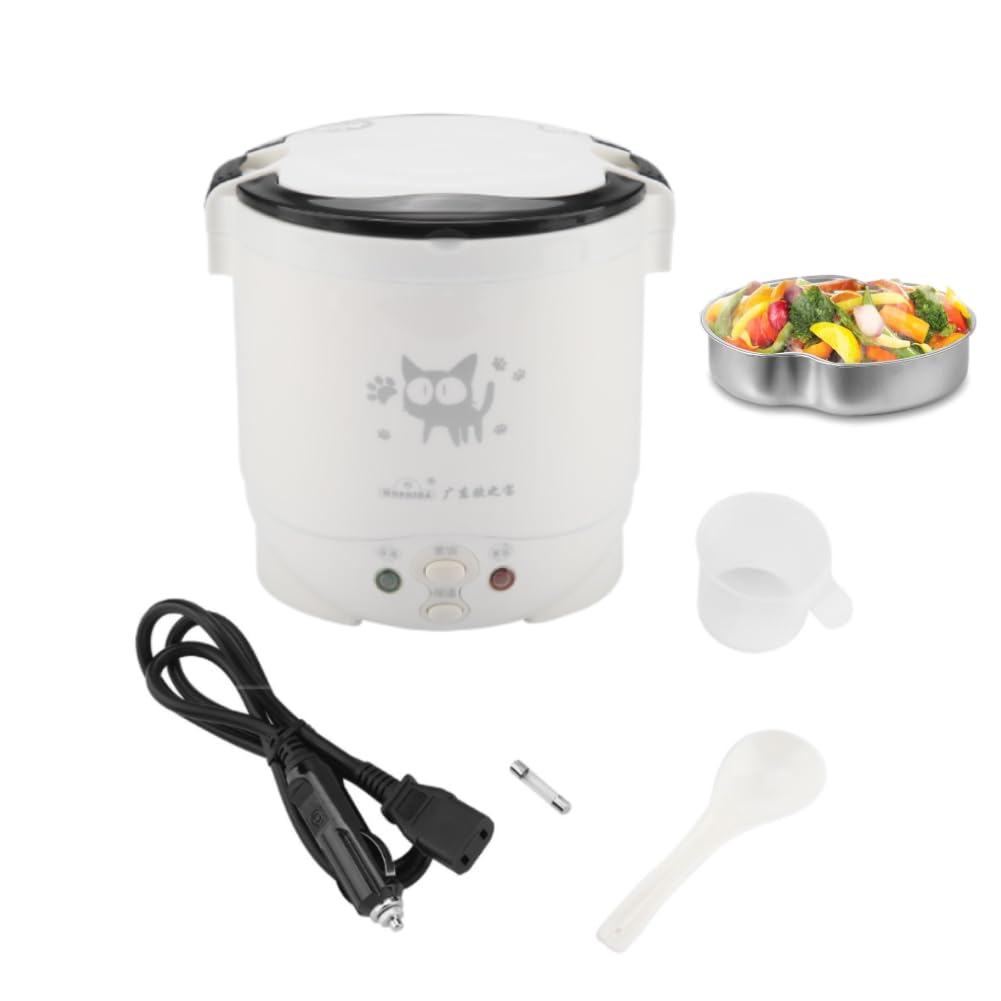 1L Mini Rice Cooker, 12V Electric Lunch Box, Multifunctional Portable, Non Stick Pot, White, for Car Travel Camping