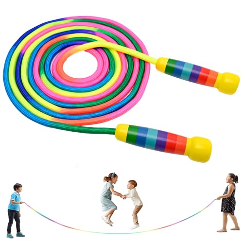 Springseil Kinder Lang 5M Seilspringen für Mehrspieler Regenbogen Gruppen Seil mit Holzgriff für Kinder und Erwachsene