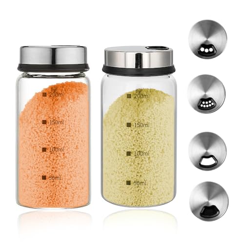Yadiraom 200 ml tarros de especias con tapa giratoria: 2 tarros de especias, con 3 tipos de agujeros para especias, vidrio de borosilicato, grande para la cocina, cocina, barbacoa al aire libre