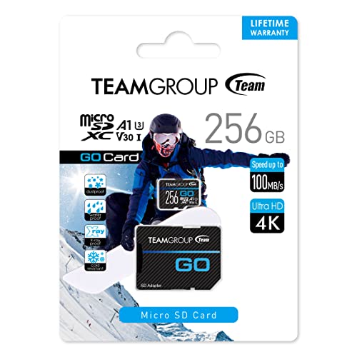 TEAMGROUP GO Card 256GB MicroSDXC UHS-I U3 V30 4K for Action Cameras & Drone High Speed Flash Memory Card with Adapter for Outdoor Sports&Vlog, 4K Shooting,GoPro&Insta360&DJI TGUSDX256GU303