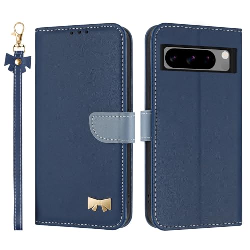 Étui Google Pixel 9 Pro bleu foncé : housse portefeuille en cuir à rabat