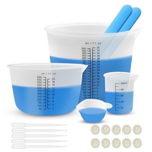 SHUTEX 22 Stück Silikon Messbecher Set, 1000 ml/600 ml/100 mlsilikonbecher zum gießen für Mischbecher Epoxidharz, Epoxidharz Zubehör mit Mischstab, Tropfer, Fingerbetten für DIY, Labor, Küche