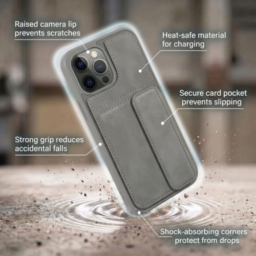 Image of amazon basics Luxury Vegan Leather Back Cover for iPhone 11 Pro Max | Built-in Card Holder Slot | Integrated Mobile Stand | Slim Shockproof Protective Case with Stitched Finish - Gray