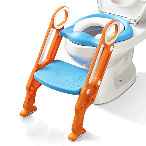 Potty Training Seat with Step Stool Ladder and Handles for Baby Toddler Kid Children Boys and Girls Toilet Training Chair with Padded Soft Cushion and Non-Slip Wide Step (Blue Orange)