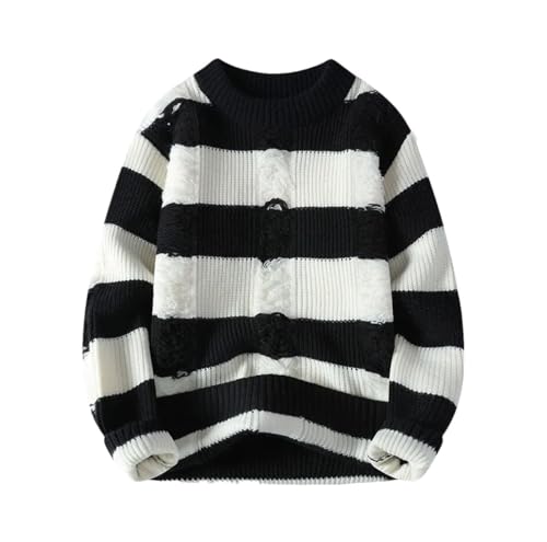 Men's Winter Striped Hole Knit Sweater - O-Neck Stylish Casual Warm Hip Hop Slim Fit Knitted Pullover