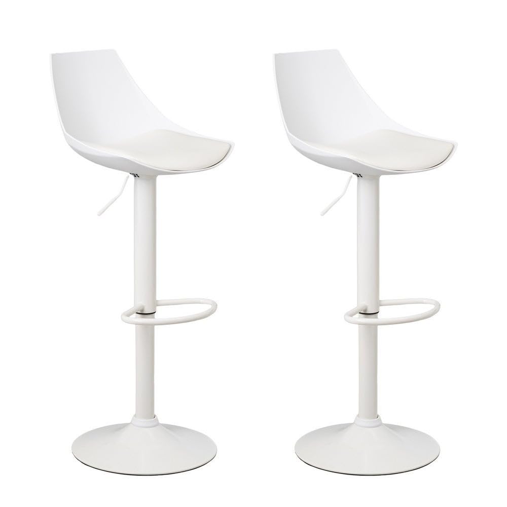 LOLAhome - Set de 2 Taburetes Altos Cocina Giratorios en 360°, Juego de Sillas de Bar Regulables en Altura de 83 a 104 cm, con Respaldo, Estructura Metal Blanca y Reposapiés, Blancos