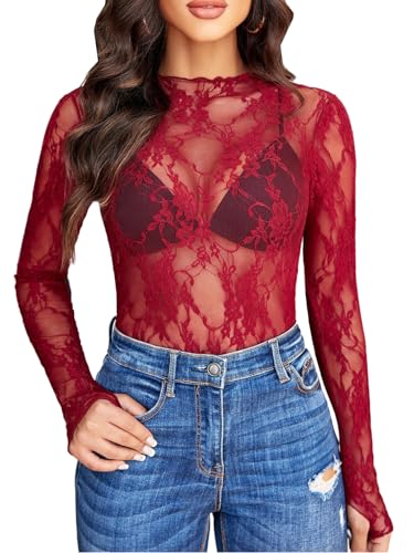 MIZSPISE Camiseta Mujer de Manga Larga Sexy Encaje Transparente Blusas Elegantes Fiesta Club Casual Festival (FR/ES, Letras, M, Regular, Regular, Burdeos)