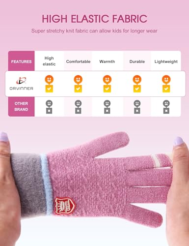 ORVINNER Kids Winter Gloves for Boys Girls, 3 Pairs Children Warm Wool Lined Gloves Toddler Thermal Knitted Mittens 4-12 Years, Pink/Light-blue/Purple (Crown Style) - Thumbnail 5