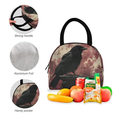 Elegant Crow Print Backpack Set with Lunch Bag, Large Capacity Travel Backpacks and Lunch Box Insulated for Commute Hiking Picnic4
