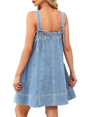 Denim Dress for Women Tie Shoulder with Straps Sleeveless Ruffle Hem Summer Casual mini Jean Dress with Pockets2